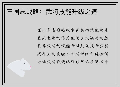 三国志战略：武将技能升级之道